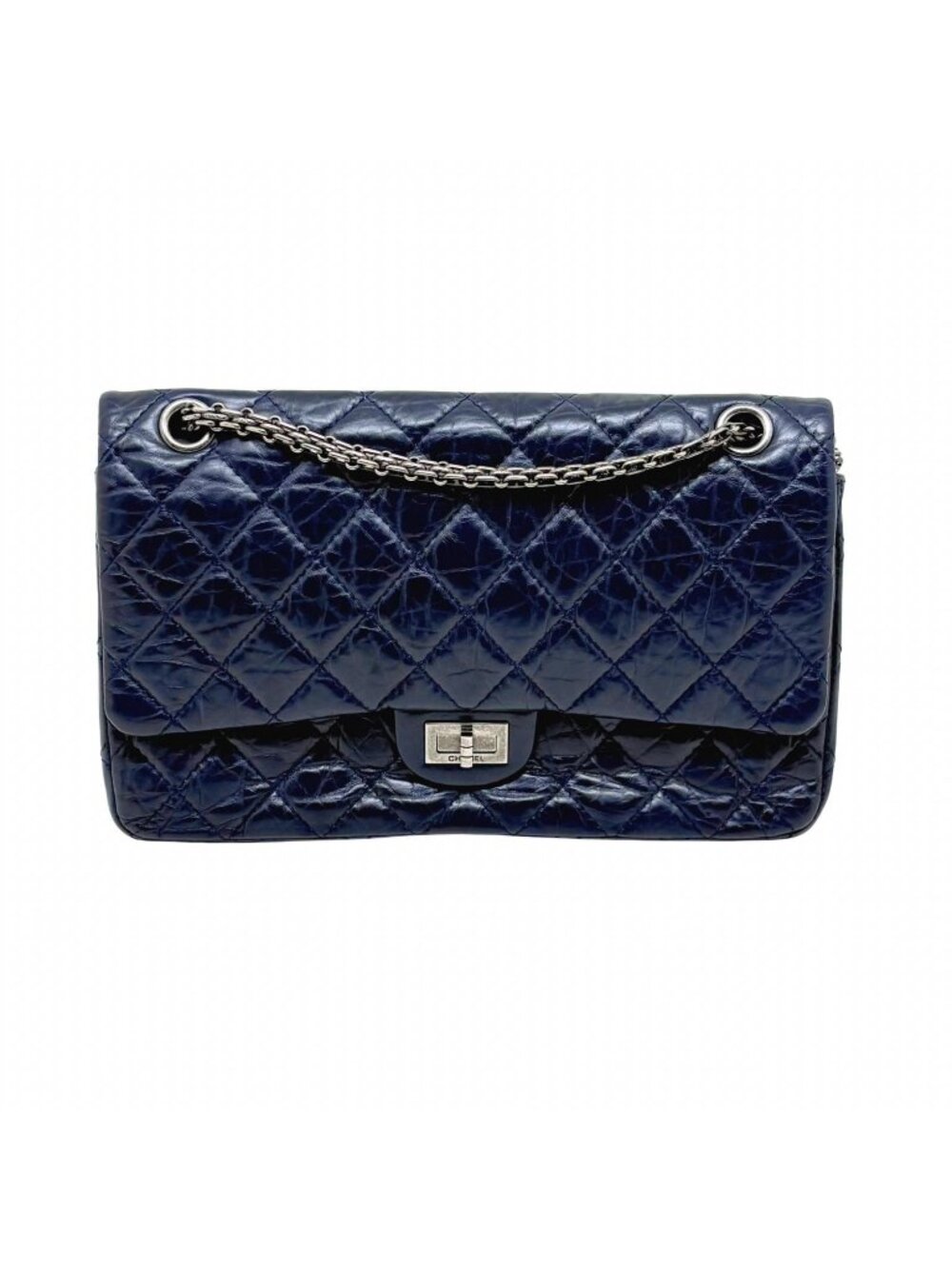 Chanel 2.55 Large Flap Shoulder Bag Aged Calfskin Navy Silver Mademoiselle Lock